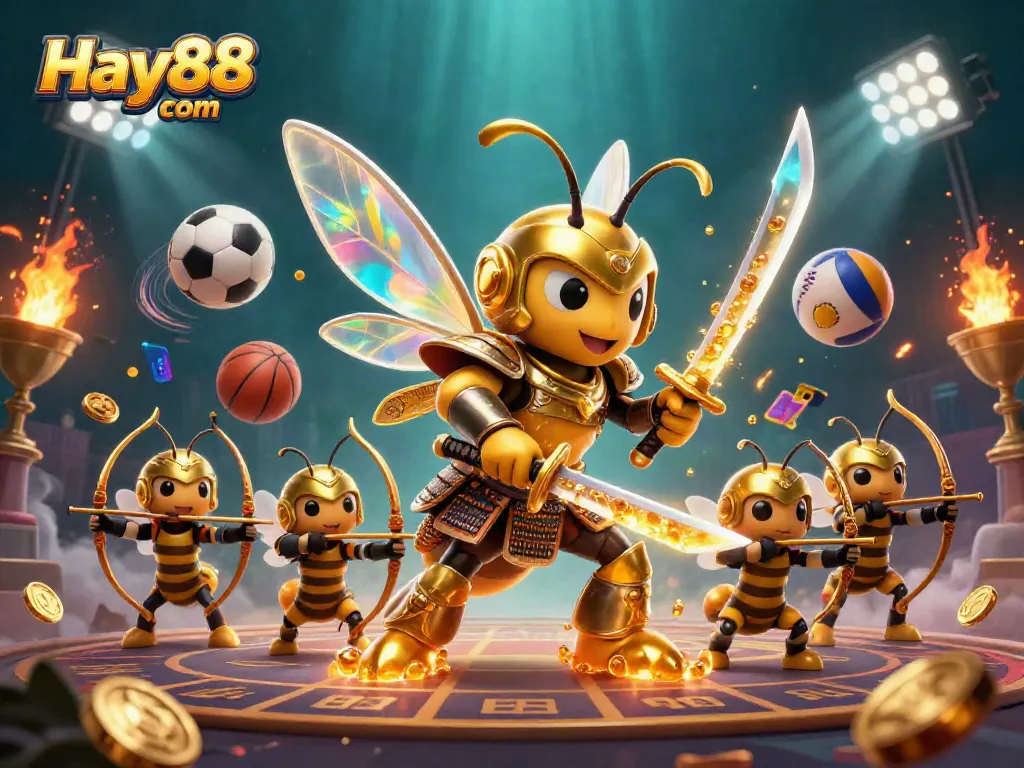 Unleash excitement with Hay88 com's vibrant gaming scene featuring a dynamic hornet warrior.