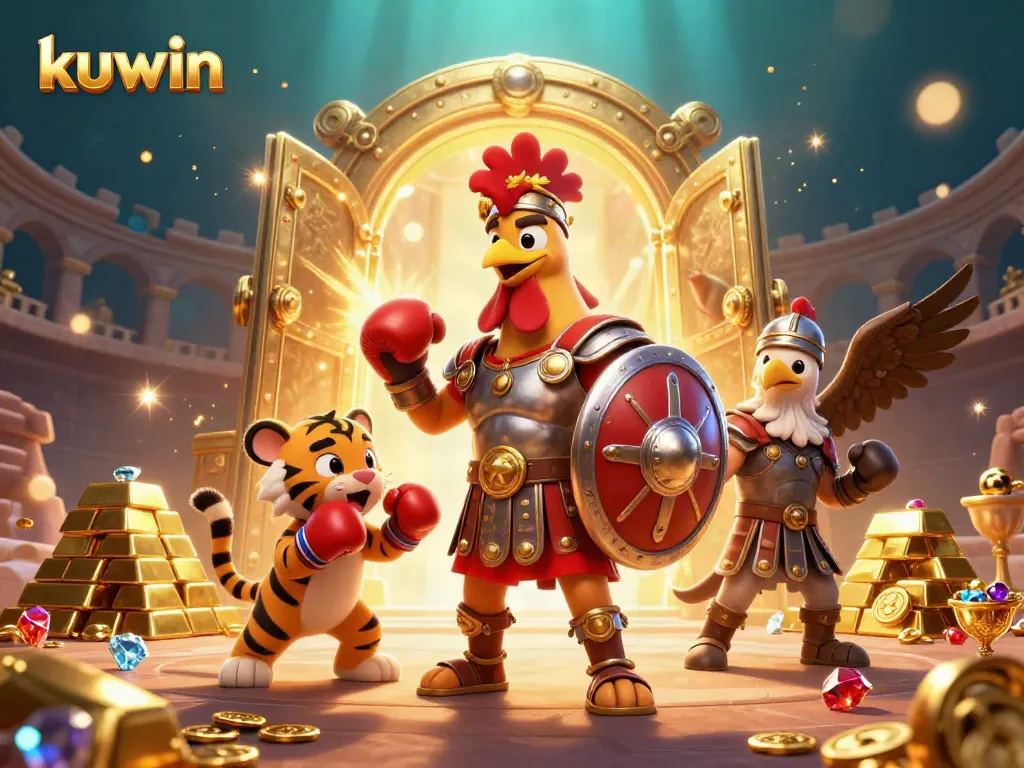 Kuwin's lively casino atmosphere showcases thrilling wins with a gladiator rooster and treasures.
