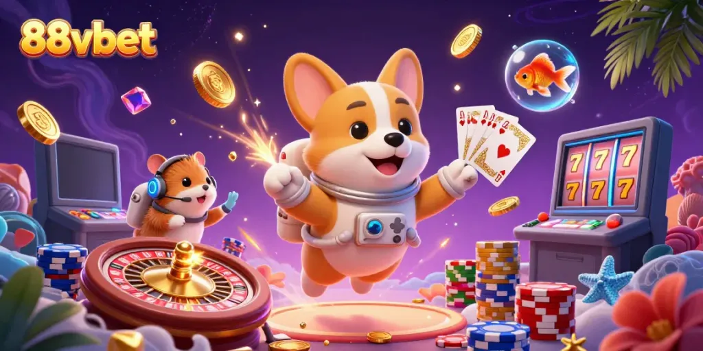 Experience immersive gaming at 88vbet with a whimsical 3D scene of floating characters and casino elements.