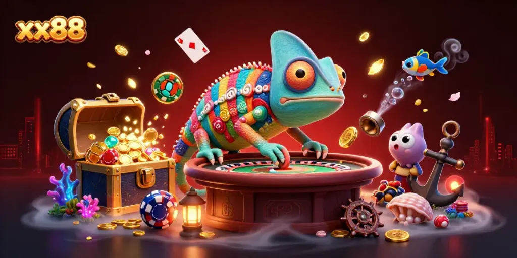 Win big at xx88 with a 3D chameleon casino owner surrounded by treasure and games.