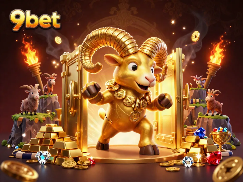Engage in thrilling gambling action with 9bet as a golden ram charges through a treasure-filled casino gateway.