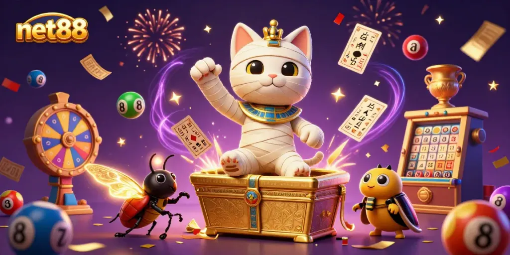 Experience thrilling gameplay with net88 in an ultra-detailed casino setting featuring characters, lottery, and excitement.