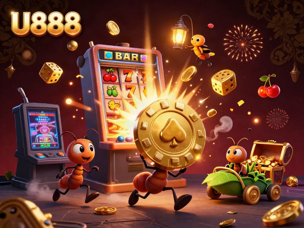 Exciting heist scene with U888's golden poker chip and vibrant casino elements.