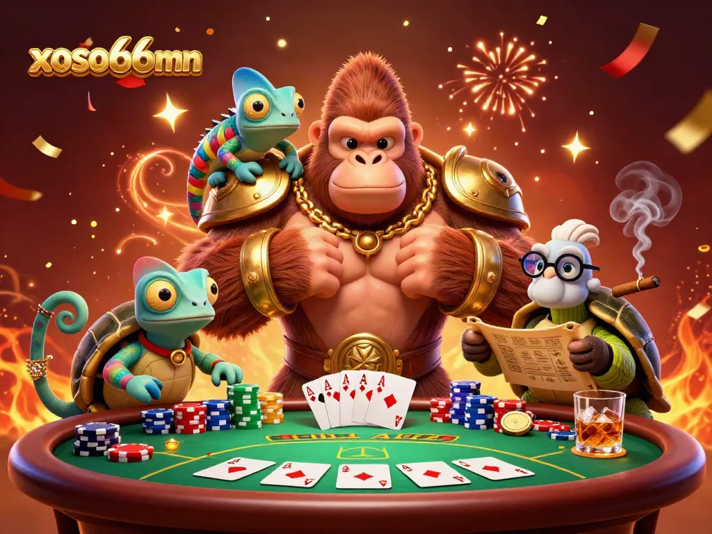 xoso66mn showcases an epic casino battle scene with a gorilla king and vibrant poker elements