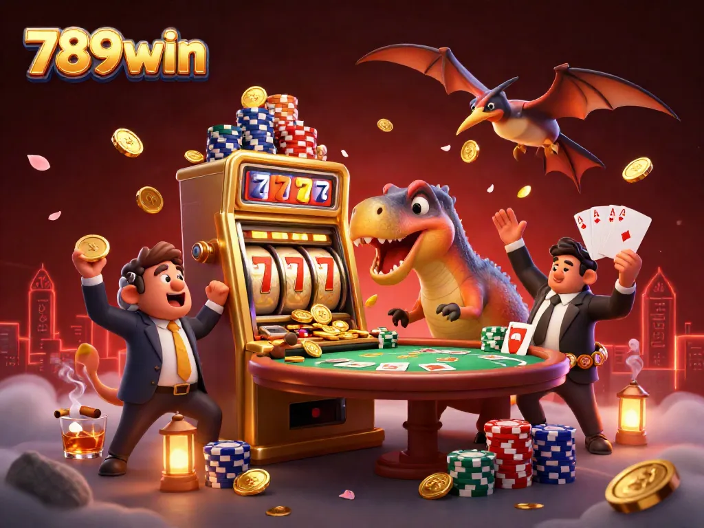 Experience the thrill of 789win as a pachycephalosaurus hits a jackpot while an ankylosaur manager waves in a busy casino.